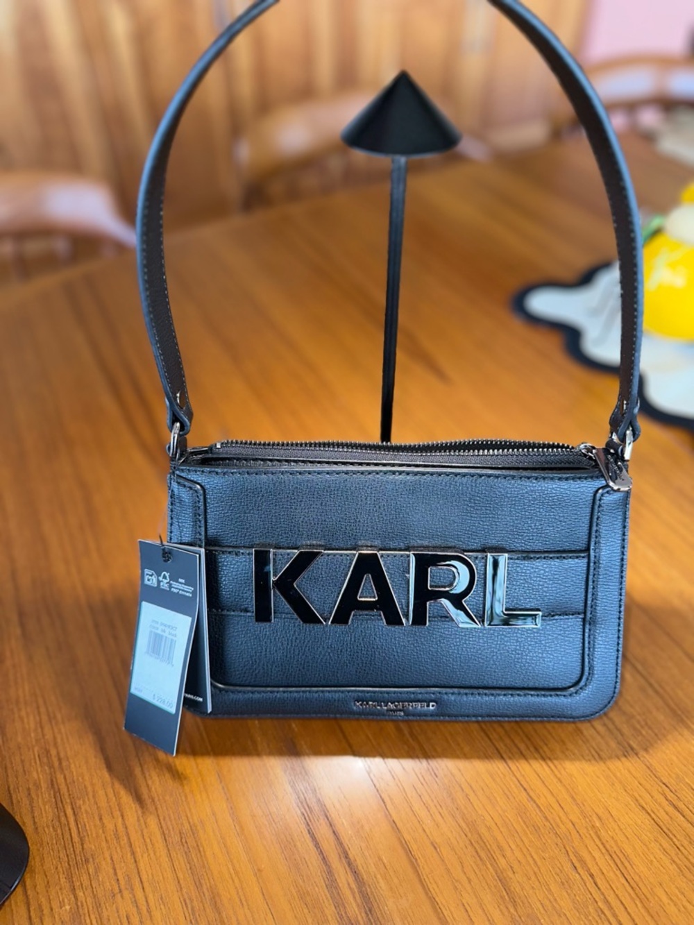 ✨ Karl Lagerfeld Paris Logo Mini Shoulder Bag – NWT Black Leather Baguette - Picture 2 of 12